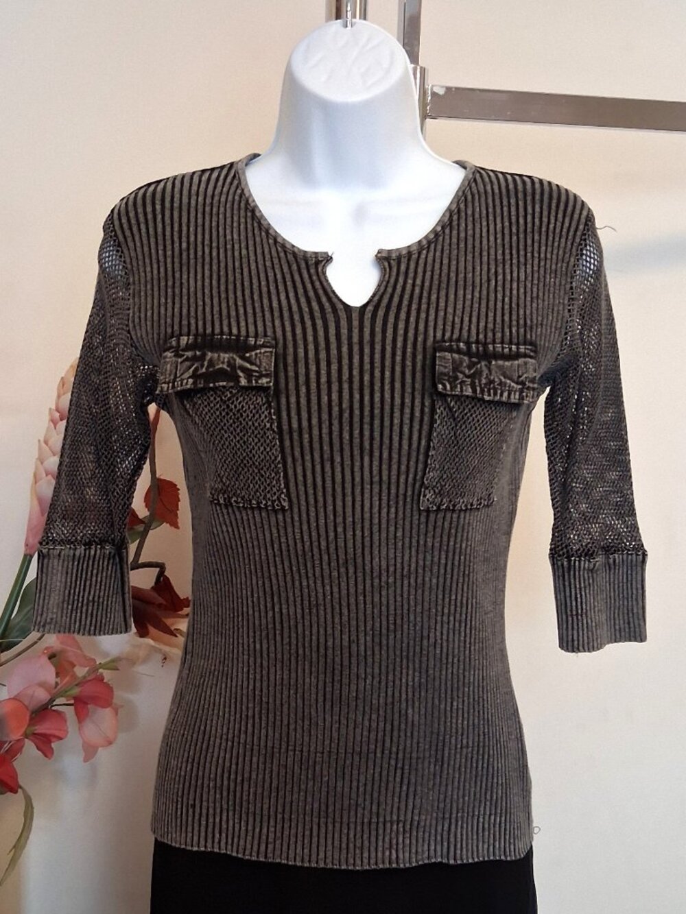 Soft Knit 100% Cotton Cardigan Sweater ¾ Sleeves Size M Gray